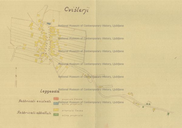 Mappa del villaggio di Cvišlerji: in rosso e in azzurro i fabbricati esistenti, in giallo e verde i fabbricati abbattuti